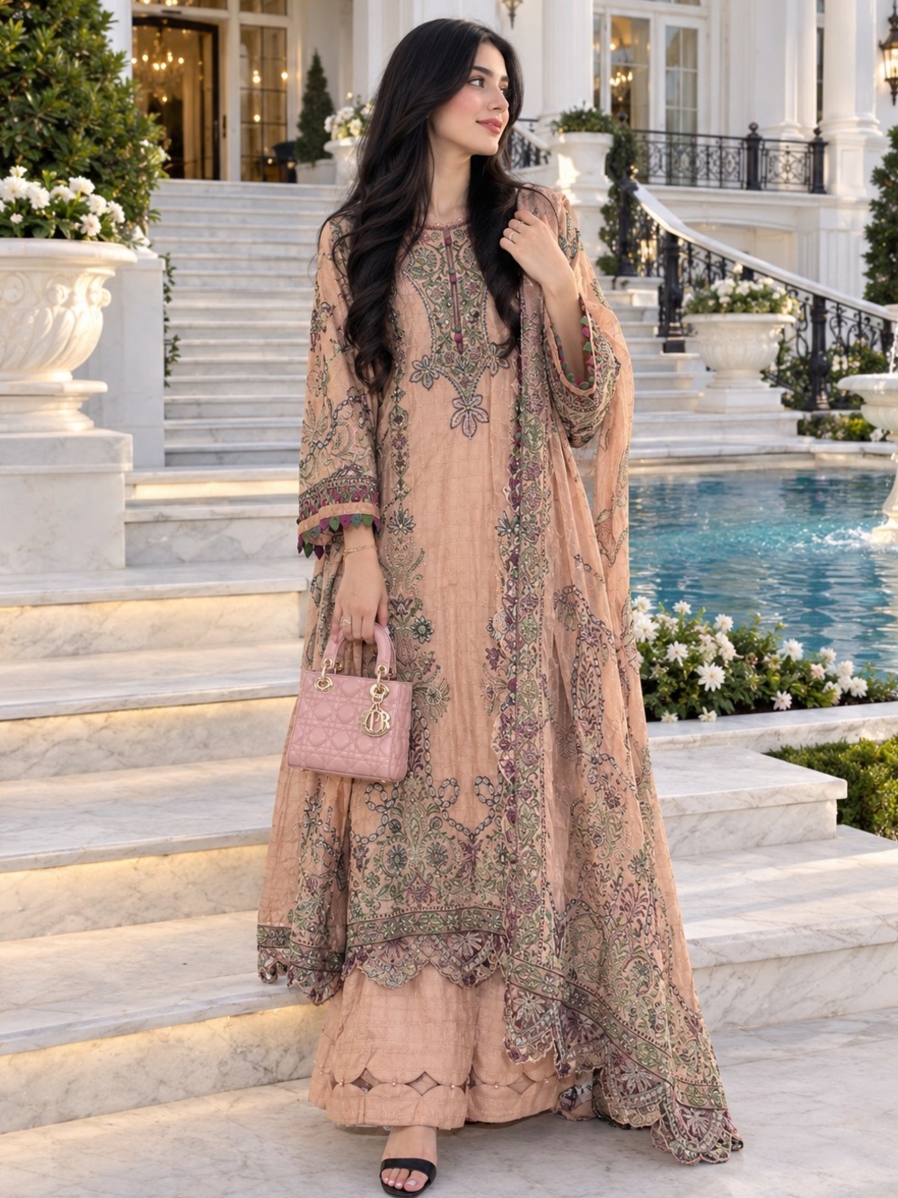 Peach Embroidered Long-Sleeve Formal Dress with Scalloped Hem